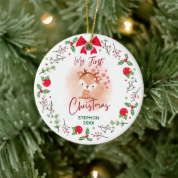 Elegant Baby's First Christmas with Name Ceramic Ornament