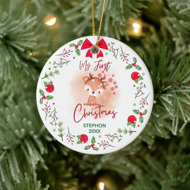 Elegant Baby's First Christmas with Name Ceramic Ornament (Tree)