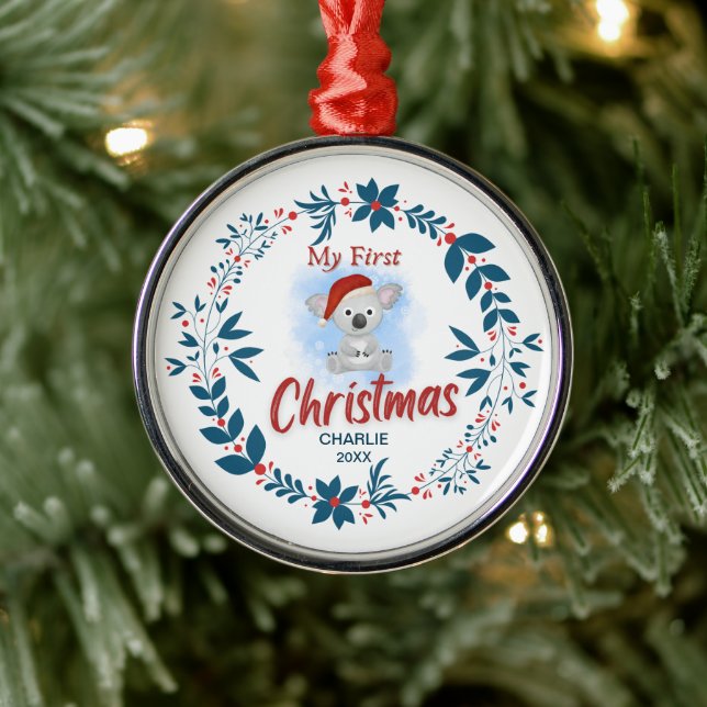  Elegant Baby's First Christmas with Name Metal Ornament (Tree)