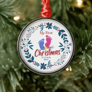 Elegant Baby's First Christmas with Name Metal Ornament