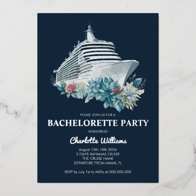 Elegant Bachelorette Party Cruise Ship Foil Invitation (Front)