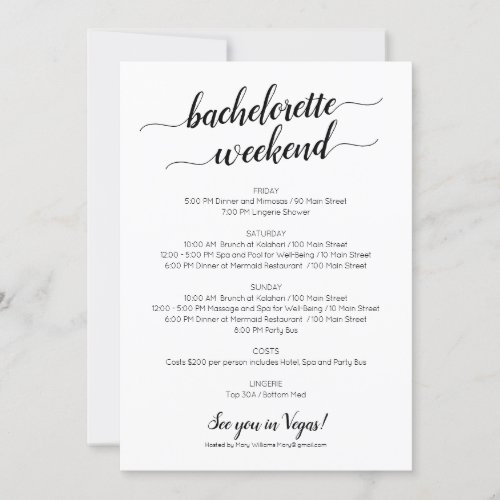 Elegant Bachelorette Weekend Itinerary Invitation