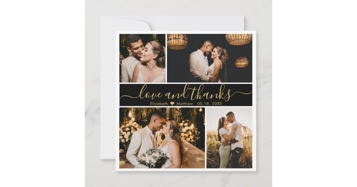 Elegant Back Gold Script Photo Collage Wedding Th Thank You Card | Zazzle
