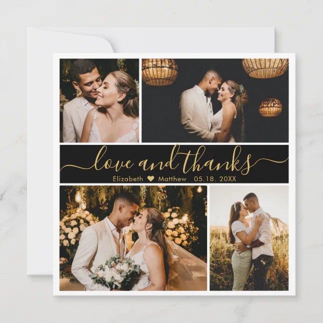 Elegant Back Gold Script Photo Collage Wedding Th Thank You Card | Zazzle