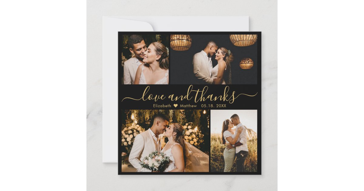 Elegant Back Gold Script Photo Collage Wedding Thank You Card | Zazzle
