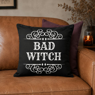 Elegant Bad Witch Black Halloween Typography Throw Pillow