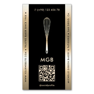 Elegant Baker Caterer Pastry Chef Black Gold Whisk Business Card Magnet