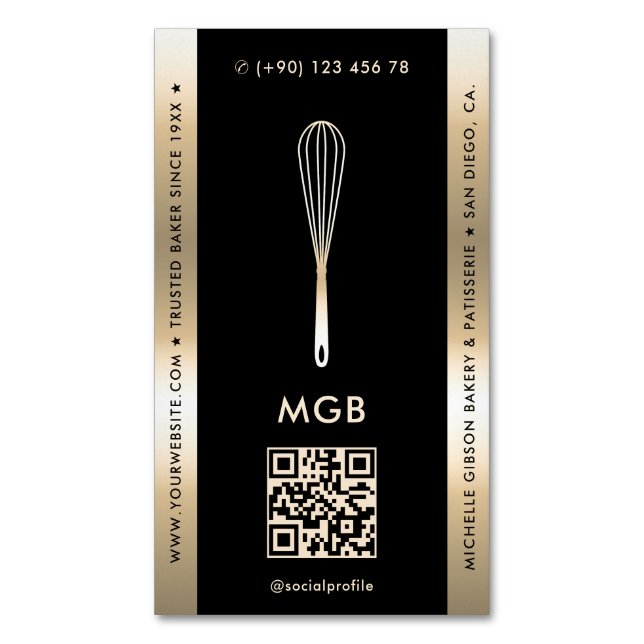 Elegant Baker Caterer Pastry Chef Black Gold Whisk Business Card Magnet (Front Vertical)