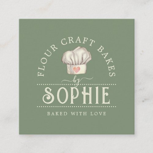 Elegant Bakers Pastry Chef Logo Cream Sage Green Square Business Card
