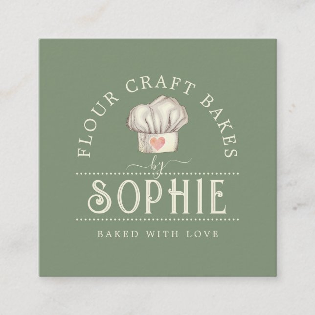 Elegant Baker's Pastry Chef Logo Cream Sage Green Square Business Card (Front)