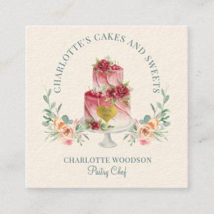 Elegant Bakery Pastry Chef Watercolor Floral Cake Square Business Card