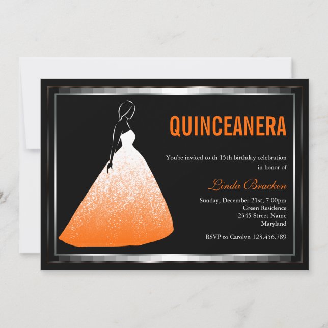 Elegant Ball Gown Orange Quinceanera Invite (Front)