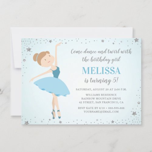 Elegant Ballerina Blue Silver Star  Girl Birthday Invitation