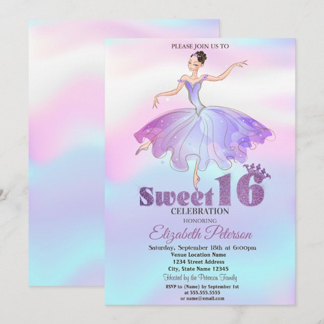Elegant Ballerina Colorful Ombre Sweet 16 Invitation (Front/Back)