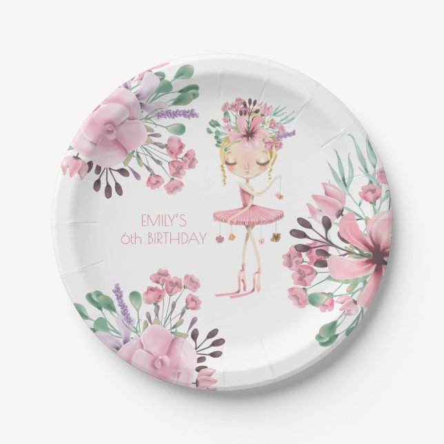 Elegant Ballerina Florals Girl 6th Birthday Party Paper Plates (Front)