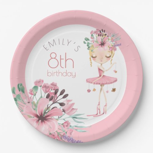 Elegant Ballerina Florals Girl 8th Birthday Party Paper Plates