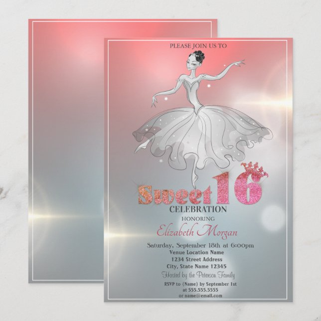 Elegant Ballerina, Glitter Sweet 16 Invitation (Front/Back)