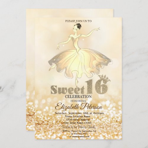 Elegant Ballerina Gold Glitter Bokeh Sweet 16 Invitation