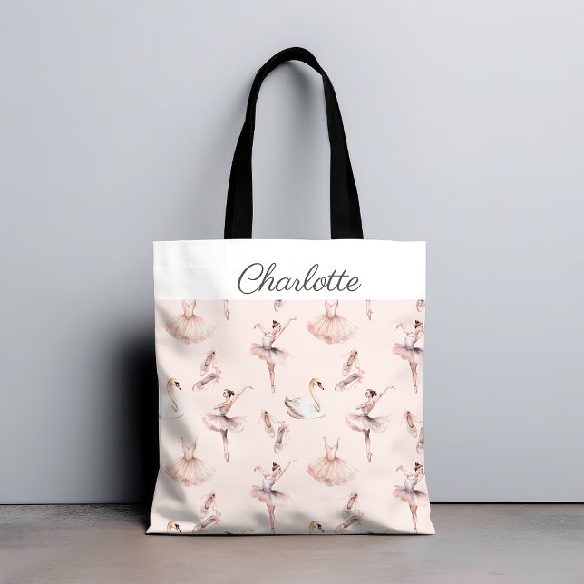 Elegant Ballerina Pink Ballet Personalized Name Tote Bag (Creator Uploaded)