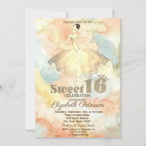 Elegant Ballerina Watercolor Splash Sweet 16 Invitation