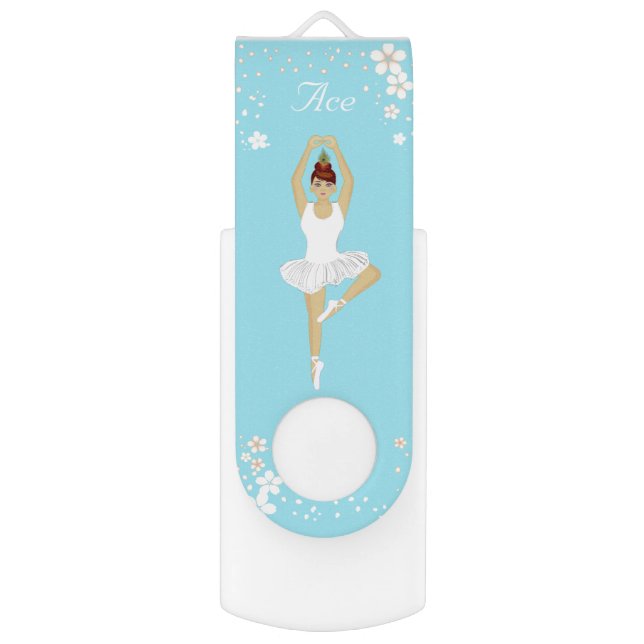 Elegant Ballet Dancer and Flowers on Light Blue Flash Drive (Front Vertical)