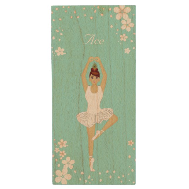 Elegant Ballet Dancer and Flowers on Light Blue Wood Flash Drive (Front Vertical)
