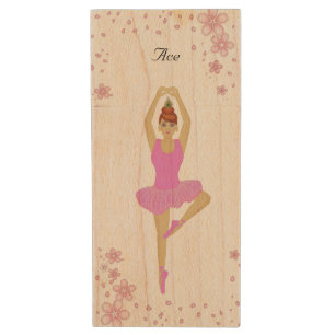 Elegant Ballet Dancer and Pink Flowers Wood Flash Drive