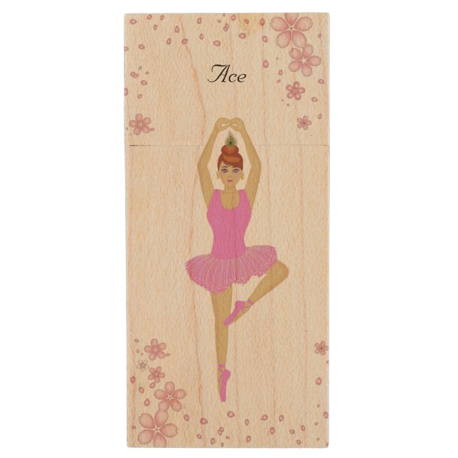 Elegant Ballet Dancer and Pink Flowers Wood Flash Drive (Front Vertical)