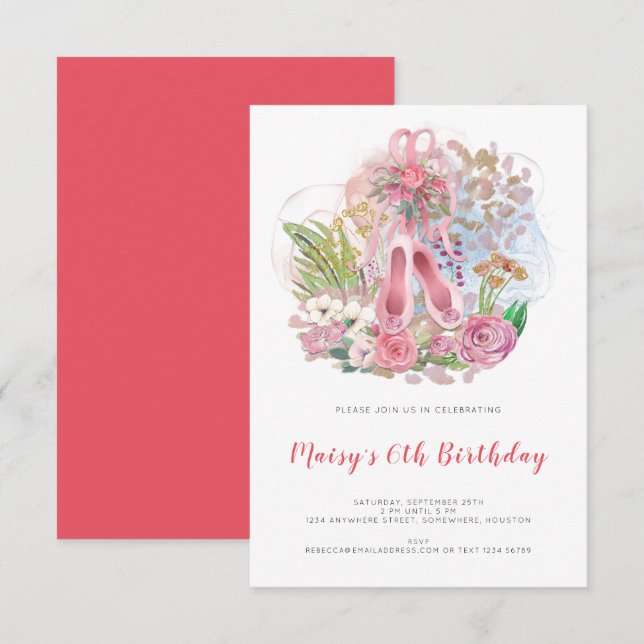Elegant Ballet Pumps Pink Girl 6th Birthday Party Invitation (Front/Back)