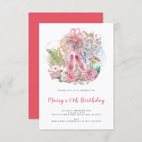 Elegant Ballet Pumps Pink Girl 6th Birthday Party Invitation