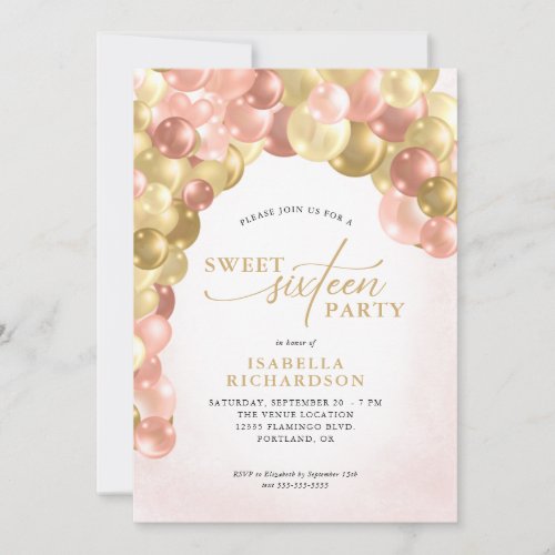 Elegant Balloon Arch Pink and Gold Sweet 16 Party Invitation - This elegant sweet 16 party invitation features a graphic of a balloon arch in the colors of pink, rose gold and gold.  The design is accented with script text.