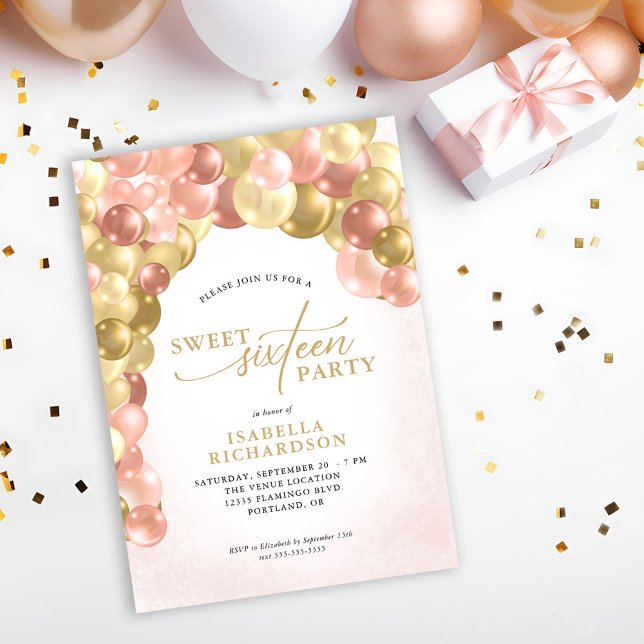 Elegant Balloon Arch Pink and Gold Sweet 16 Party Invitation (Creator Uploaded)