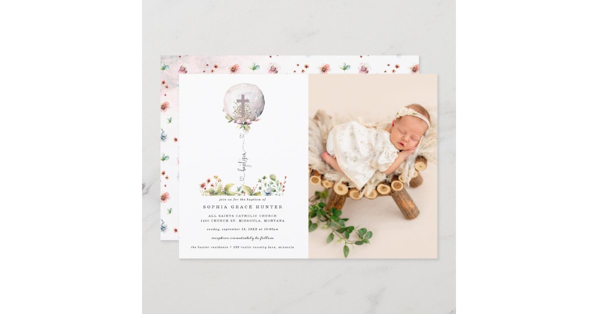 Elegant Balloon Floral Baptism Invitation 