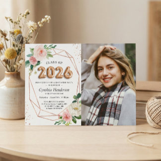 Elegant Balloon Year 2026 Floral Photo Graduation Invitation