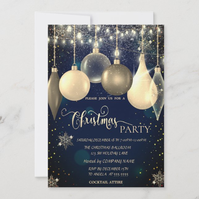 Elegant Balls,Lights Blue Christmas  Invitation (Front)