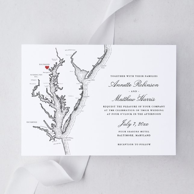Elegant Baltimore Maryland Map Wedding Invitation (Baltimore Maryland Wedding invitation in elegant black and white from Coastal Map designs)