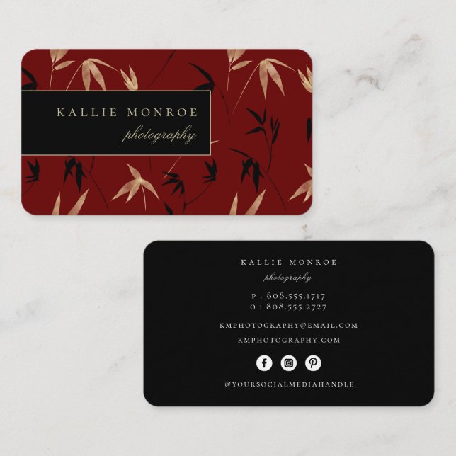 Elegant Bamboo Foliage Dark Red Business Card (Front/Back)
