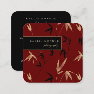 Elegant Bamboo Foliage Dark Red Square Business Card