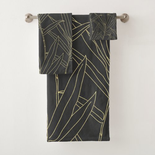 Elegant bamboo foliage gold strokes design bath towel set