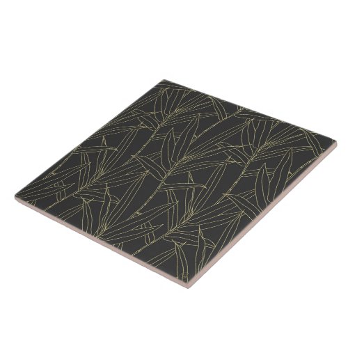 Elegant bamboo foliage gold strokes design ceramic tile