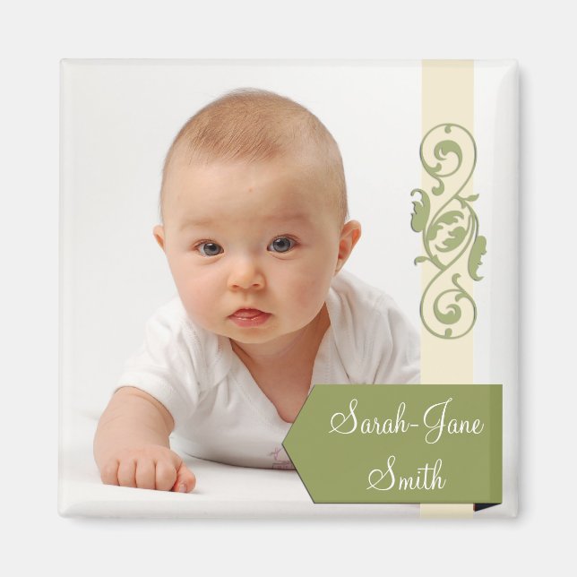 Elegant Banner Baby Photo Keepsake -Green Magnet (Front)