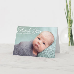 Elegant Baptism Baby Photo White Script Overlay Letterpress Thank You Card