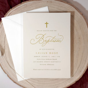Elegant Baptism Beige Champagne Script Cross Invitation