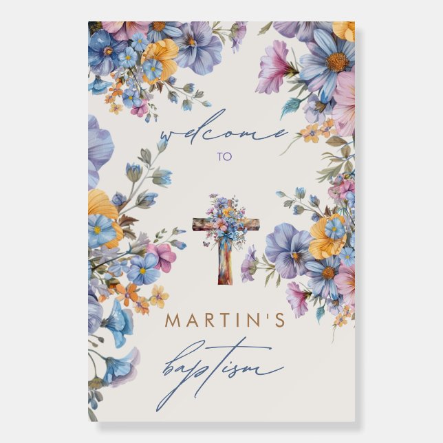 Elegant Baptism Blue Cross Welcome Sign (Front)