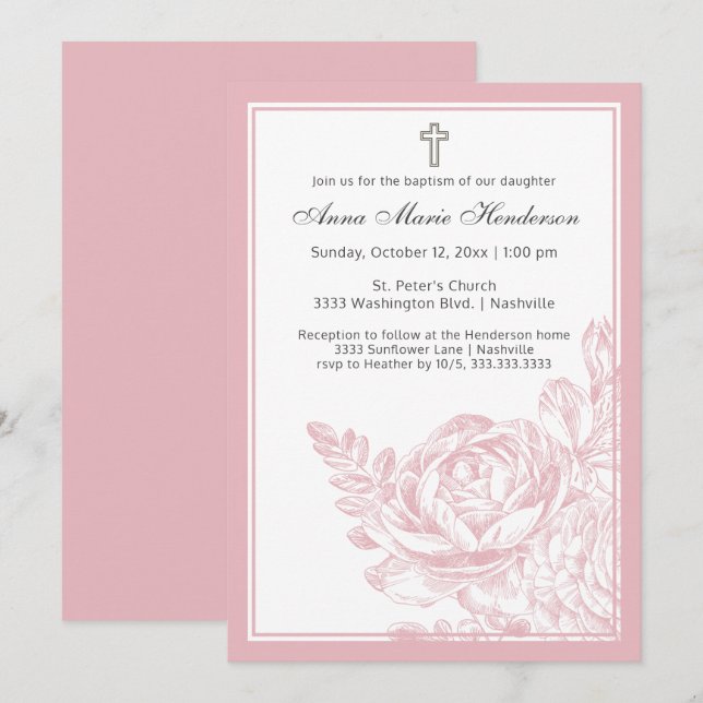 Elegant Baptism Blush Pink Line Drawn Floral Invitation (Front/Back)