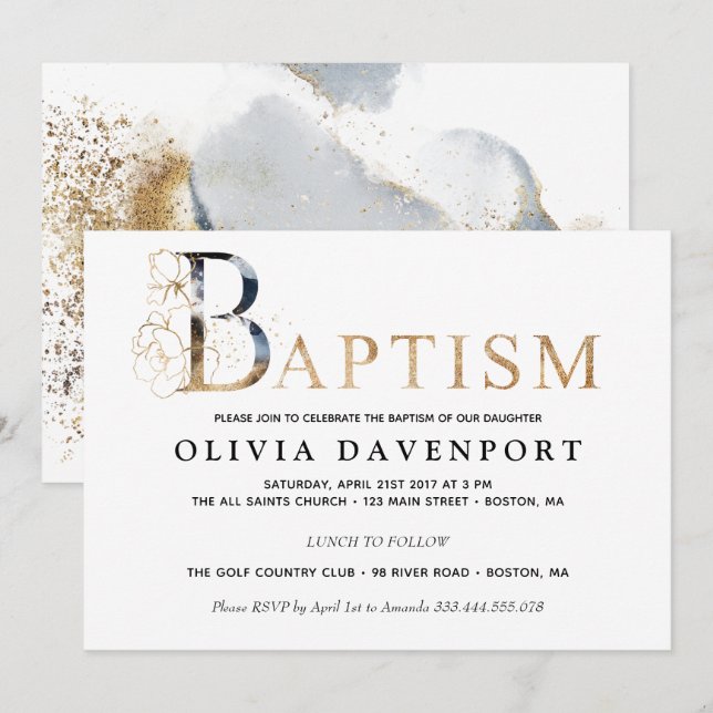 Elegant Baptism boy girl gold and blue Invitation (Front/Back)
