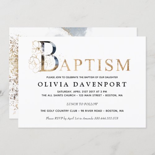 Elegant Baptism boy girl gold and blue Invitation