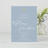 Elegant Baptism Christening Gold Cross Dusty Blue Save The Date (Standing Front)