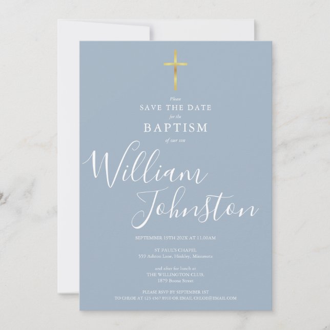 Elegant Baptism Christening Gold Cross Dusty Blue Save The Date (Front)