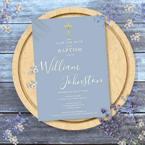 Elegant Baptism Christening Gold Cross Dusty Blue Save The Date